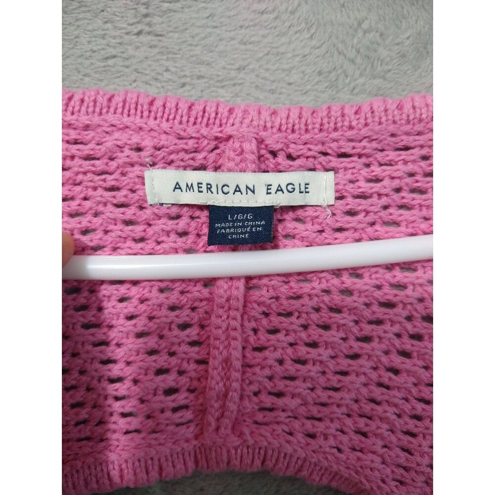 American Eagle Sweater Womens Large Pink Crop Crochet Cotton Long Sleeve Barbie - Picture 5 of 7